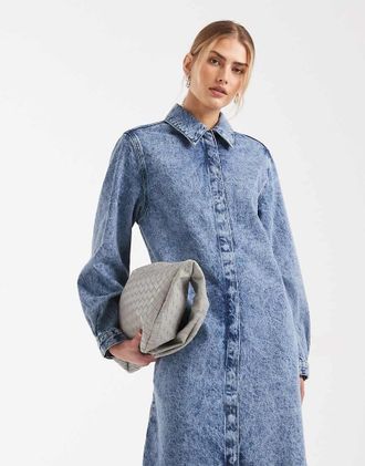 Asos Vestito camicia midi in denim lavaggio acido-Blu