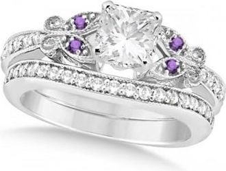 Allurez Princess Diamond & Amethyst Butterfly Bridal Set in 14k W Gold 0.96ct