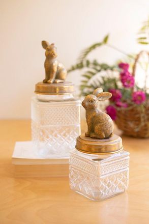 Kalalou Set Of Two Resin And Glass Rabbit Canisters
