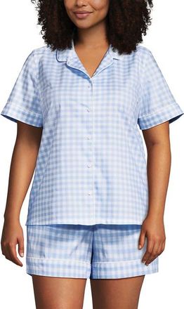 Lands End Plus Size Cotton Poplin 2 Piece Pajama Set - Short Sleeve Top and Shorts in Misty Blue Gingham at Nordstrom, Size 1X