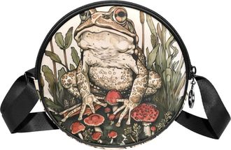 Generic Circle Crossbody Bag for Women, Frog Mushrooms Small Sling Bag Daypack with Zipper Adjustable Shoulder Straps Casual Ladies Girls Round Purse
