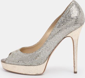 Jimmy Choo London Metallic Silver/gold Lam&eacute; Fabric And Glitter Dahlia Platform Pumps