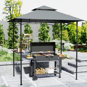 OUTSUNNY 8 x 5 Double Tiered BBQ Gazebo Shelter with LED Lights in Dark Grey