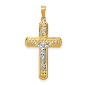 Diamond2Deal 14k Two-tone Gold Polished and Textured INRI Crucifix Pendant