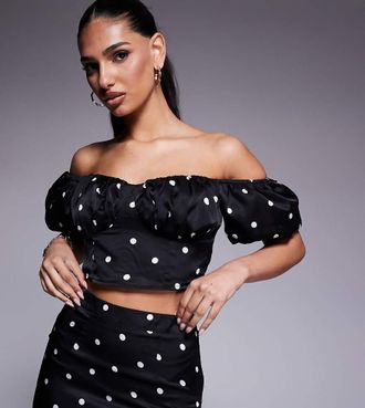 KAIIA exclusive bardot puff sleeve satin crop top in black polka dot - part of a set-Multi