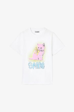 Ganni White Kitty T-shirt - Size S Organic Cotton