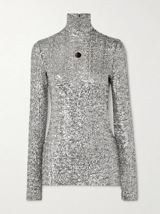 Paco Rabanne Maglia A Collo Alto In Tulle Con Paillettes E Occhielli - Argento