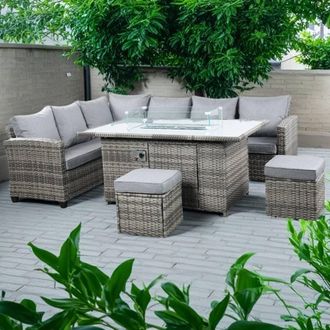 Outdoor Living The Conwy 8 Seat Corner Gas Firepit Rattan Dining Set - Mixed Grey in Dark Grey