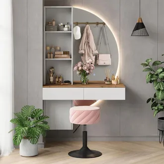 Vicco Tavolo Da Toeletta Melora, Bianco/quercia, 100 Cm Con Specchio A Led, Vicco