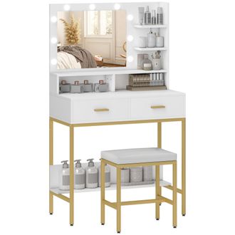 HOMCOM Homcom - Tocador De Maquillaje Con Luz Y Taburete Mesa De Maquillaje Con 2 Cajones Y Estantes De Almacenamiento Estilo Moderno Tocador Para Dormitorio