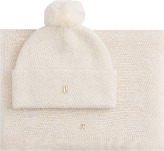 Tommy Hilfiger Beanie TOMMY HILFIGER POM POM LUREX, Damen, ivory silk, Strick, Materialmix, M&uuml;tzen Beanie, in Geschenkbox, Set aus M&uuml;tze und Schal