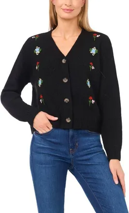 CeCe by Cynthia Steffe Floral Embroidered Pointelle Stitch Cardigan in Rich Black at Nordstrom, Size Xx-Small