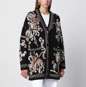 Etro Cardigan nero con fantasia jacquard in lana