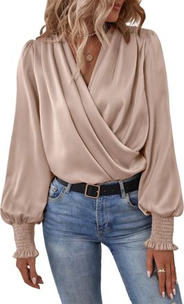 Generic Womens Satin Silk Blouse Wrap V Neck Long Sleeve, Womens V Neck Ruched Office Long Sleeve Blouse Shirt (Beige,L)
