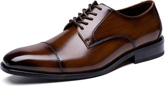 Generic Formal Shoes for Men Lace Up Derby Shoes Cap Toe Square Burnished Toe Leather Anti-Slip Rubber Sole Non Slip Low Top Prom(Brown,6.5 UK)