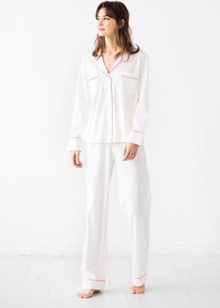 Salua Classic Luxury Pajamas in Brushed Pima Cotton in White/Neon Pink at Nordstrom, Size X-Small