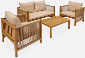 Sweeek Conjunto De Muebles De Jard&iacute;n De Madera Y Cuerda, 4 Plazas