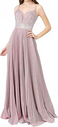 Elizabeth K Pleated Glitter A-Line Evening Dress In Dusty Rose