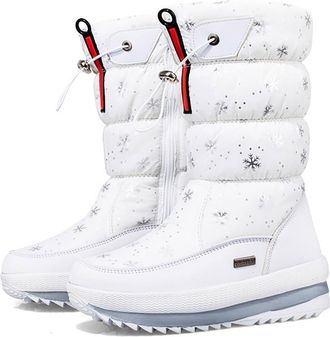 Generic Womens Boots Winter Lined Warm Platform Ankle Boots Slip On Thick Sole Fleece Padded Mid Calf Outdoor Walking Shoes Slip Water Solid Colour Snowflake 