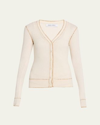 Prabal Gurung Blanket Stitched Silk-Cashmere Rib V-Neck Cardigan
