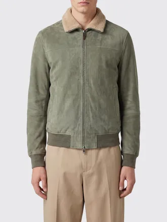 Canali Suede Leather Bomber Jacket with Fur Collar and Elasticated Hem