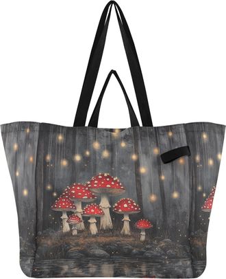 Generic Gray Mushroom pattern Reusable Canvas Tote Bag, Heavy Duty Grocery Shopping Bag with Double Handles Hard Bottom Large Capacity Work Groceries Travel