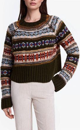 Smythe Handknit Cropped Crewneck Sweater In Olive Multi
