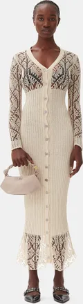 Ganni White Beige Cotton Lace Button Down Maxi Dress - Size XS Organic
