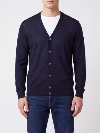 Ballantyne V-Neck Pure Wool Cardigan with Ribbed Trims