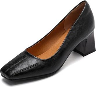 Generic Womens PU Leather Square Toe Pumps Chunky Block Heel Slip-On Design Stitched Detail Comfortable Fashion Daily Shoes,Black,3.5 UK