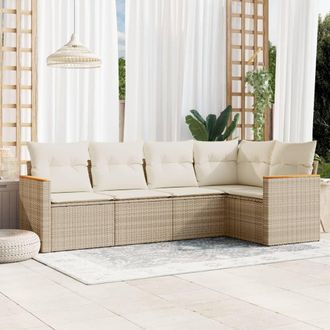 vidaXL Vidaxl - Juego De Sof&aacute;s Jard&iacute;n Con Cojines 5 Pzas Rat&aacute;n Sint&eacute;tico Beige