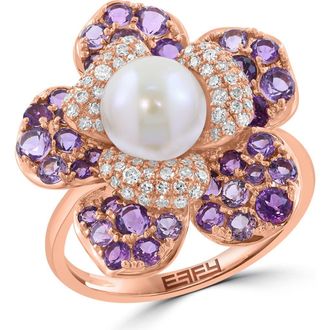 Effy 14K Rose Gold Diamond Amethyst & Fresh Water Pearl Flower Statement Ring in 14K Gold at Nordstrom, Size 7