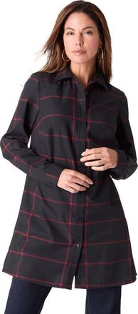 Roaman's Kate Long-Sleeve Crisp Cotton-Blend Button-Front Tunic in Black Windowpane at Nordstrom, Size 42