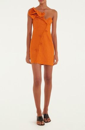 Farm Rio Orange Flower Euroflax Premium Linen Minidress at Nordstrom, Size X-Small