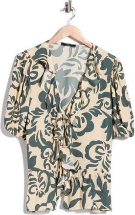 T Tahari Ruffle Short Sleeve Peplum Top in Natural/Green Swirl Print at Nordstrom Rack, Size 2 X