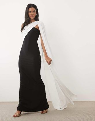 JW PEI Vestito lungo nero monospalla con dettaglio a mantella