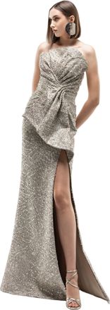 Saiid Kobeisy Gold Embellished Brocade Evening Dress with Asymmetrical Bow Detail