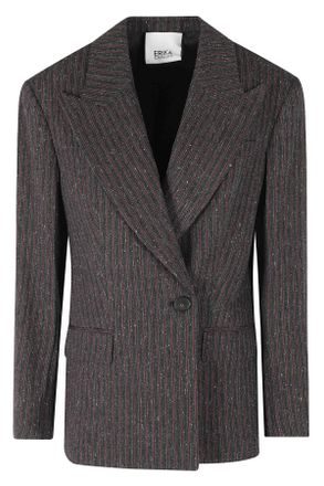 Erika Cavallini Semi Couture Gray Red Pinstripe Fiore Double-Breasted Wool-Blend Blazer