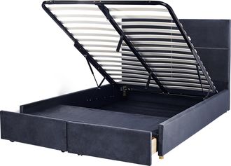 Beliani Cama Con Somier De Terciopelo Negro Dorado 160 X 200 Cm Almacenaje Vernoyes