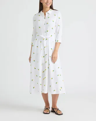 Ellen Tracy Womens Linen Belted Shirt Dress with Embroidery Detail