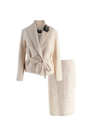 Rochas Cream Embellished Badge Jacket and Skirt Two Piece Size XXS