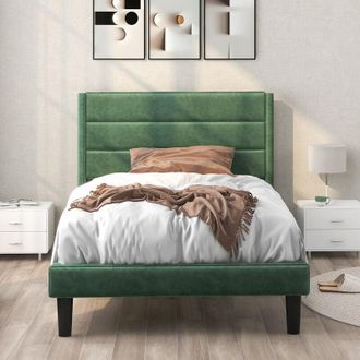 Merax Letto imbottitoetto in tessuto velluto con giroletto e testiera, 90x200cm, verde scuro
