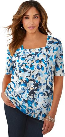 Jessica London Stretch Cotton Square Neck Tee in Blue Watercolor Petals at Nordstrom, Size 28