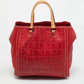 Carolina Herrera Red Monogram Embossed Leather Boston Tote