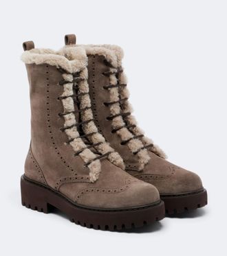 Brunello Cucinelli Shearling-trimmed suede lace-up boots