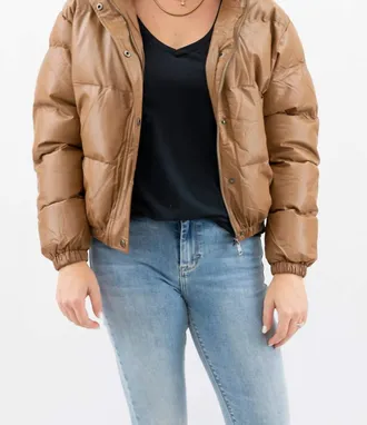 Coalition LA Vegan Leather Puffer Bomber Jacket In Camel