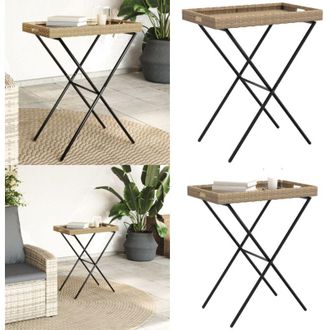 vidaXL Tavolino Vassoio Pieghevole Beige 65x40x75 cm in Polyrattan - Vassoio esterno - Tavolino da giardino