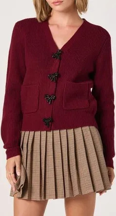 ASTR the Label Crystal Embellished Bow Detail Cardigan in Burgundy at Nordstrom Rack, Size X-Small