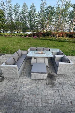 Fimous Rattan Fire Pit Set Gas Heater Burner Lounge Sofa Dining Set Coffee Table Chairs Footstool in Light Grey