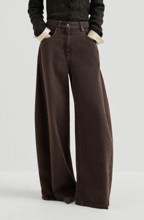 Brunello Cucinelli Dyed denim wide trousers with monili in Pine Cone Brown at Nordstrom, Size 34